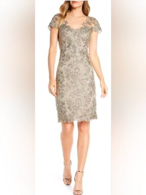 Tadashi  Shoji Corded Lace Taupe Gold Knee Length Dress Wedding Cruise  size 10